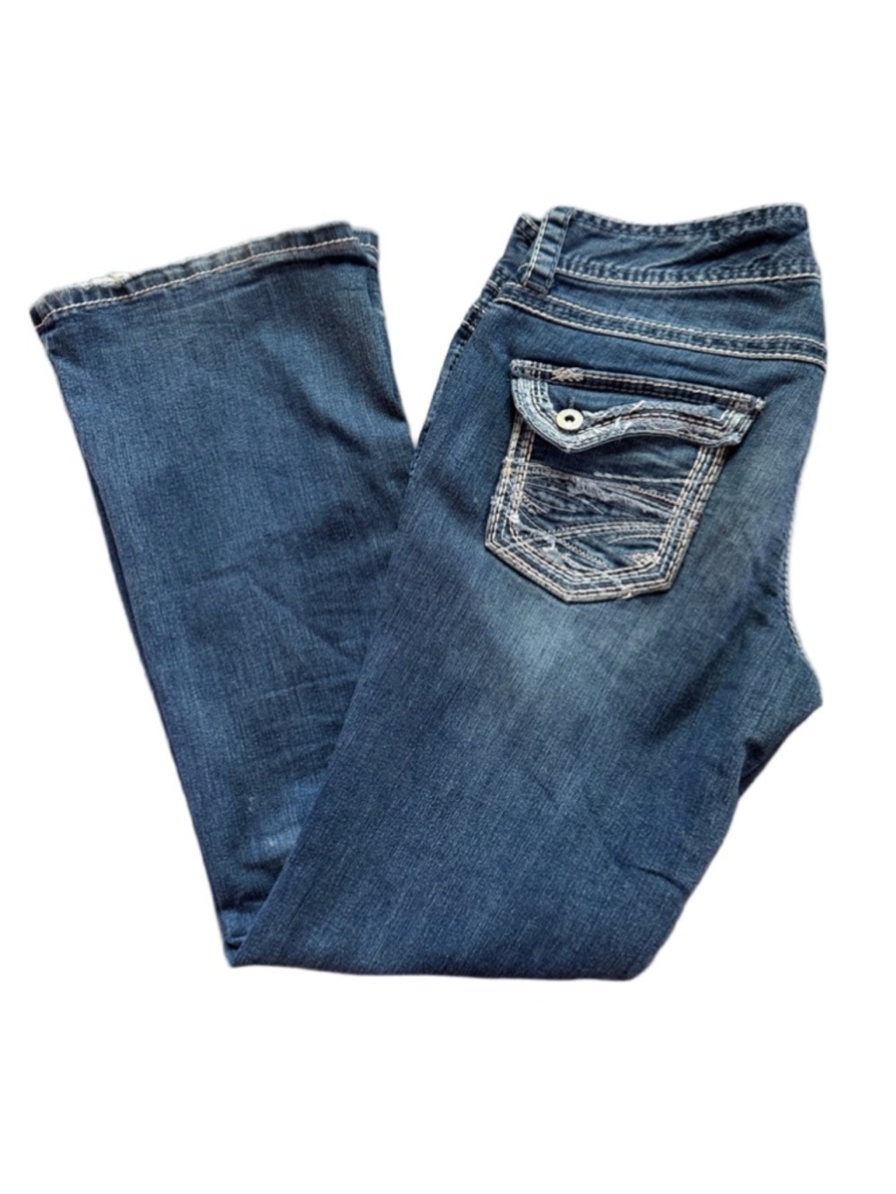 Maurices Distressed Blue Back Flap Pocket Stretch Jeans size 7/8 short